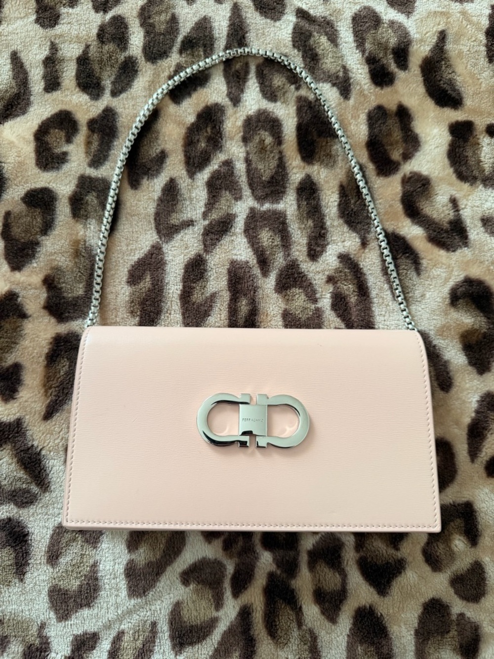 Salvatore Ferragamo Pale Pink Leather Shoulder Bag with Silver Gancini Chain